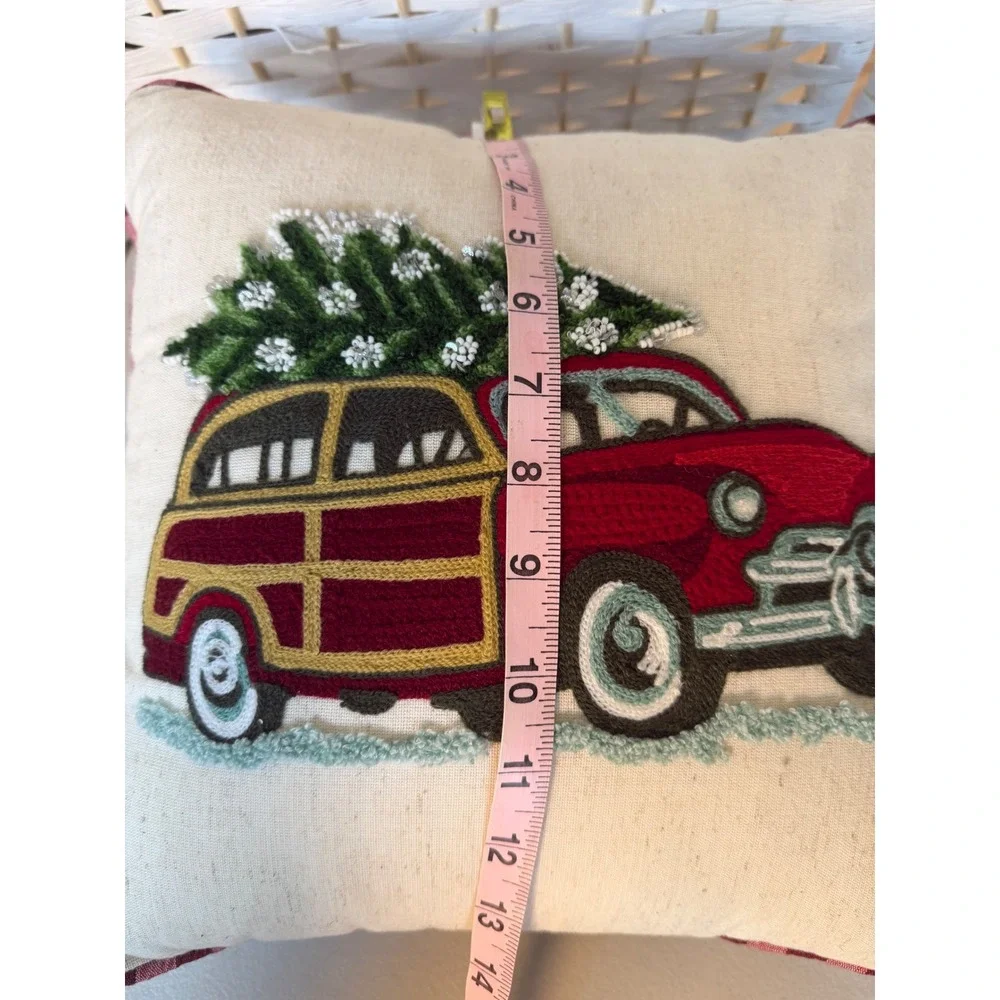 Embroidered Christmas Tree Wagon Car‎ Throw Pillow Red Plaid Back Holiday Decor